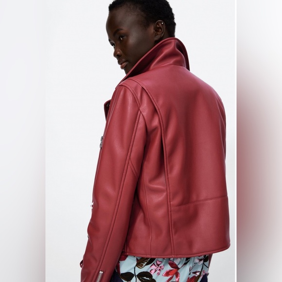 NEW Zara Vegan Faux Leather Red Motorcycle Moto Biker Jacket NWT XS! - Picture 4 of 11